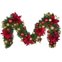 Decorated - 9' X 14" Oregon Fir Garland - Unlit - DELUXE Royal Poinsettia