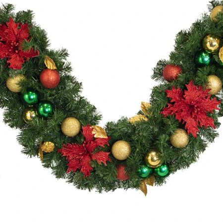 Decorated 9' X 14" Garland Unlit, Elegant Poinsettia 2 Decorated 9' X 14" Garland Unlit, Elegant Poinsettia - Image 2
