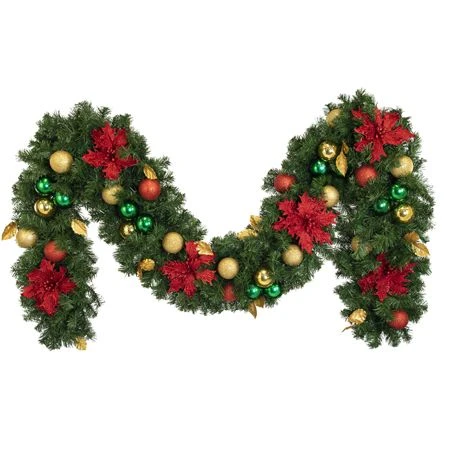 Decorated 9' X 14" Garland Unlit, Elegant Poinsettia 1 Decorated 9' X 14" Garland Unlit, Elegant Poinsettia