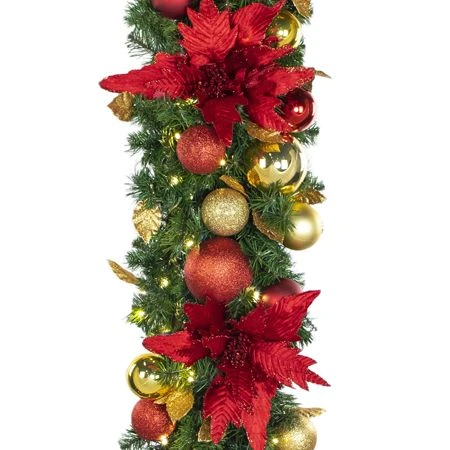 Decorated - 9' X 14" Oregon Fir Garland - LED - DELUXE Royal Poinsettia 2 Decorated - 9' X 14" Oregon Fir Garland - LED - DELUXE Royal Poinsettia - Image 2