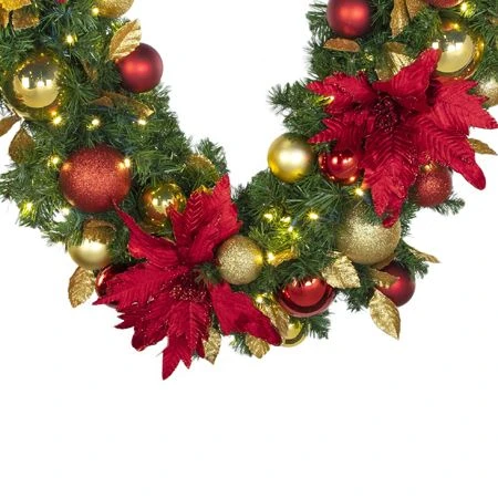 Decorated - 9' X 14" Oregon Fir Garland - LED - DELUXE Royal Poinsettia 3 Decorated - 9' X 14" Oregon Fir Garland - LED - DELUXE Royal Poinsettia - Image 3