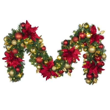 Decorated - 9' X 14" Oregon Fir Garland - LED - DELUXE Royal Poinsettia 1 Decorated - 9' X 14" Oregon Fir Garland - LED - DELUXE Royal Poinsettia