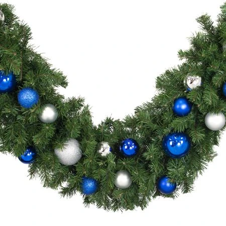 Decorated 9' X 18" Garland Unlit, Blue And Silver 2 Decorated 9' X 18" Garland Unlit, Blue And Silver - Image 2