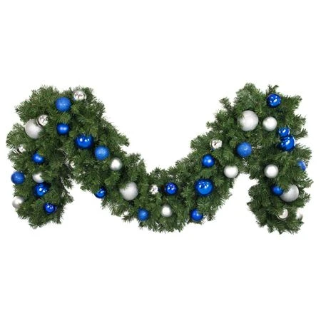 Decorated 9' X 18" Garland Unlit, Blue And Silver 1 Decorated 9' X 18" Garland Unlit, Blue And Silver