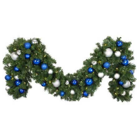 Decorated 9' X 18" Garland Lit, Blue And Silver 1 Decorated 9' X 18" Garland Lit, Blue And Silver