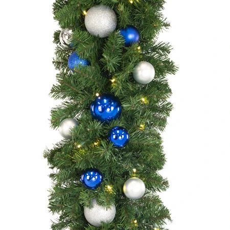 Decorated 9' X 18" Garland Lit, Blue And Silver 3 Decorated 9' X 18" Garland Lit, Blue And Silver - Image 3