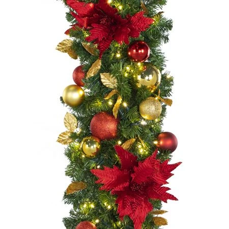 Decorated - 9' X 18" Oregon Fir Garland - LED - DELUXE Royal Poinsettia 2 Decorated - 9' X 18" Oregon Fir Garland - LED - DELUXE Royal Poinsettia - Image 2