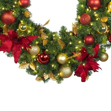 Decorated - 9' X 18" Oregon Fir Garland - LED - DELUXE Royal Poinsettia 3 Decorated - 9' X 18" Oregon Fir Garland - LED - DELUXE Royal Poinsettia - Image 3