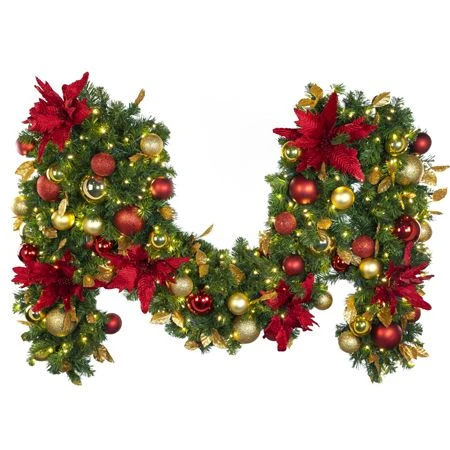 Decorated - 9' X 18" Oregon Fir Garland - LED - DELUXE Royal Poinsettia 1 Decorated - 9' X 18" Oregon Fir Garland - LED - DELUXE Royal Poinsettia