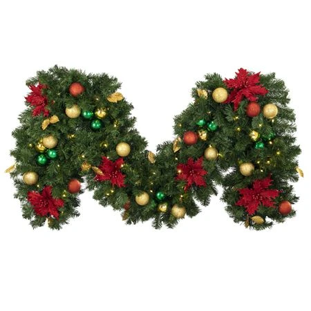 Decorated 9' X 18" Garland Lit, Elegant Poinsettia 1 Decorated 9' X 18" Garland Lit, Elegant Poinsettia