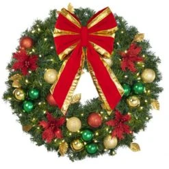 30" Lit LED Warm White Decorated Wreath - Elegant Poinsettia - Bow Option Available -The King Of Christmas dw 30 led ep b vb 12 rgt