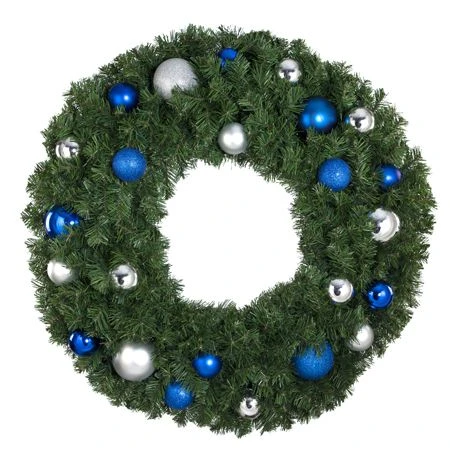 36" Unlit Decorated Wreath - Blue And Silver Décor - Bow Option Available 1 36" Unlit Decorated Wreath - Blue And Silver Décor - Bow Option Available