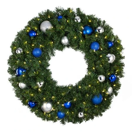 36" Lit LED Warm White Decorated Wreath - Blue And Silver Décor - Bow Option Available 1 36" Lit LED Warm White Decorated Wreath - Blue And Silver Décor - Bow Option Available