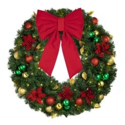 36" Lit LED Warm White Decorated Wreath - Elegant Poinsettia - Bow Option Available 6 36" Lit LED Warm White Decorated Wreath - Elegant Poinsettia - Bow Option Available -The King Of Christmas dw 36 led ep b vb 12 r