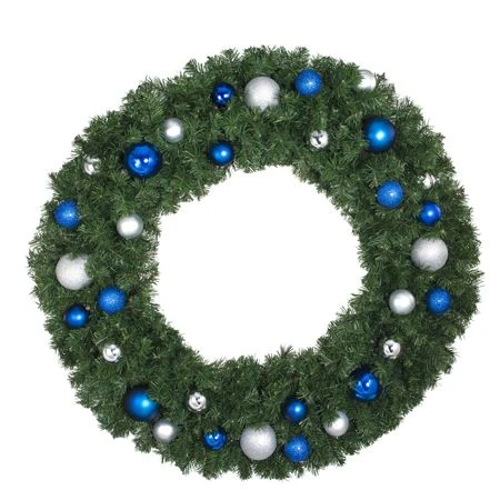 48" Unlit Decorated Wreath - Blue And Silver Décor - Bow Option Available 1 48" Unlit Decorated Wreath - Blue And Silver Décor - Bow Option Available
