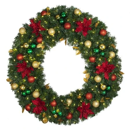 48" Lit LED Warm White Decorated Wreath - Elegant Poinsettia - Bow Option Available 1 48" Lit LED Warm White Decorated Wreath - Elegant Poinsettia - Bow Option Available