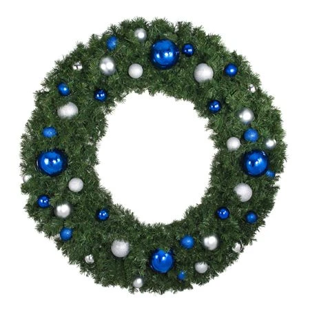 60" Unlit Decorated Wreath - Blue And Silver Décor - Bow Option Available 1 60" Unlit Decorated Wreath - Blue And Silver Décor - Bow Option Available