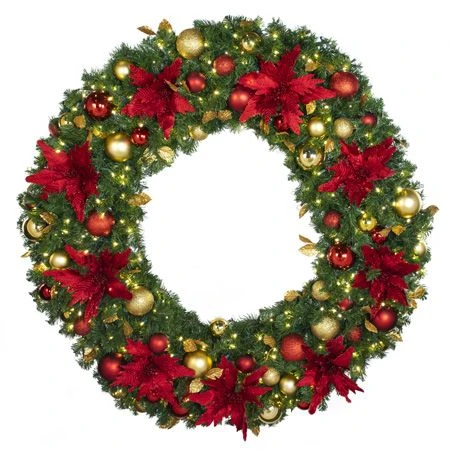 60" Lit LED Warm White Decorated Wreath - DELUXE Royal Poinsettia - Bow Option Available 1 60" Lit LED Warm White Decorated Wreath - DELUXE Royal Poinsettia - Bow Option Available