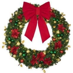 60" Lit LED Warm White Decorated Wreath - Elegant Poinsettia - Bow Option Available -The King Of Christmas dw 60 led ep b vb 24 r