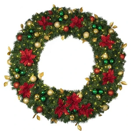 72" Lit LED Warm White Decorated Wreath - Elegant Poinsettia - Bow Option Available 1 72" Lit LED Warm White Decorated Wreath - Elegant Poinsettia - Bow Option Available