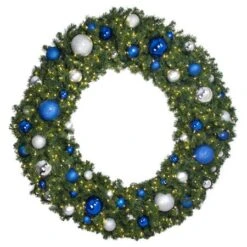 72" Lit LED Warm White Decorated Wreath - Blue And Silver Décor - Bow Option Available