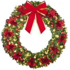 72" Lit LED Warm White Decorated Wreath - DELUXE Royal Poinsettia - Bow Option Available -The King Of Christmas dw 72 led del ep b vb 24 rgt