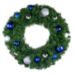30" Unlit Decorated Wreath - Blue And Silver Décor - Bow Option Available