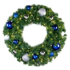30" Lit LED Warm White Decorated Wreath - Blue And Silver Décor - Bow Option Available