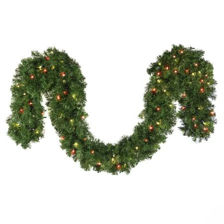 9' X 14", Deluxe Oregon Fir Garland, Lit-Warm White, Red 1 9' X 14", Deluxe Oregon Fir Garland, Lit-Warm White, Red