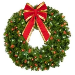 36" Lit Pure White And Red Deluxe Oregon Fir Wreath - Bow Option Available -The King Of Christmas w 36 dofl pwr b vb 8 rgt