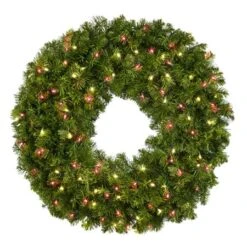 36" Lit Warm White And Red Deluxe Oregon Fir Wreath - Bow Option Available