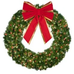 60" Lit Pure White And Red Deluxe Oregon Fir Wreath - Bow Option Available -The King Of Christmas w 60 dofl 6 pwr b vb 18 rgt