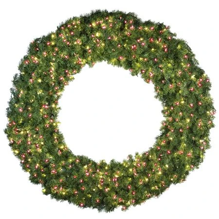 72" Lit Warm White And Red Deluxe Oregon Fir Wreath - Bow Option Available 1 72" Lit Warm White And Red Deluxe Oregon Fir Wreath - Bow Option Available